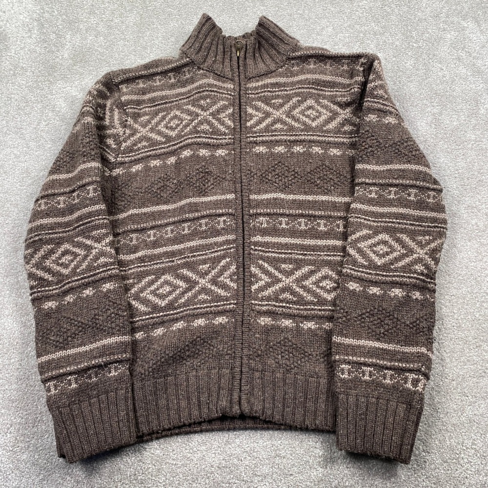 RuffHewn Full Zip Sweater Mens XXL Brown Fair Isle Wool Blend Mock Neck Popcorn